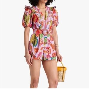 Farm Rio Lilac Beaks & Bananas V Neck Romper